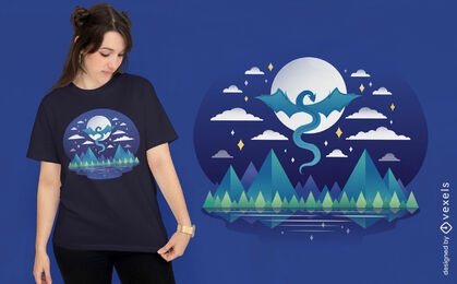 Dragão voando sobre design de camiseta de montanhas
