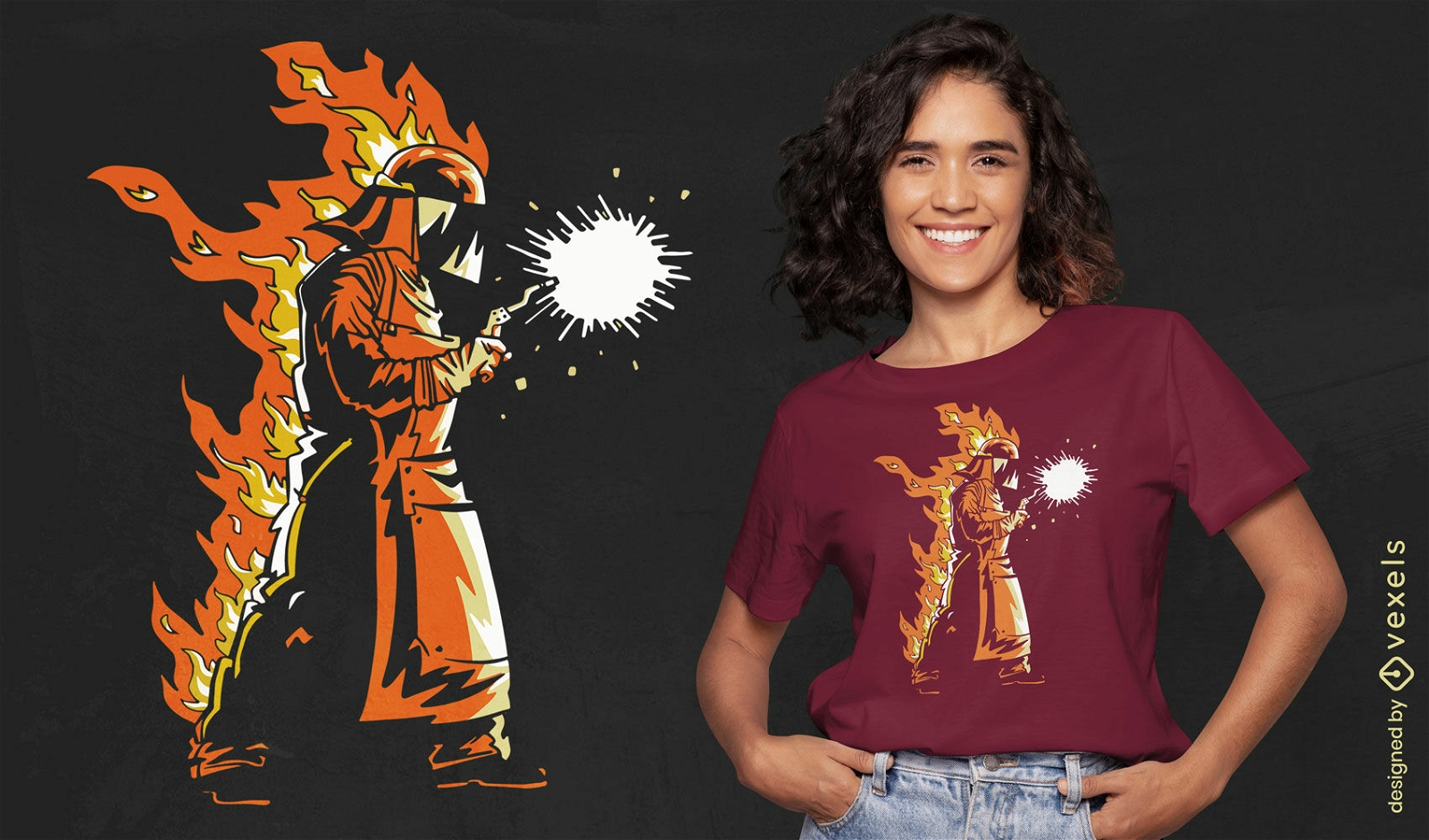 Diseño de camiseta de trabajo de hombre soldador en llamas