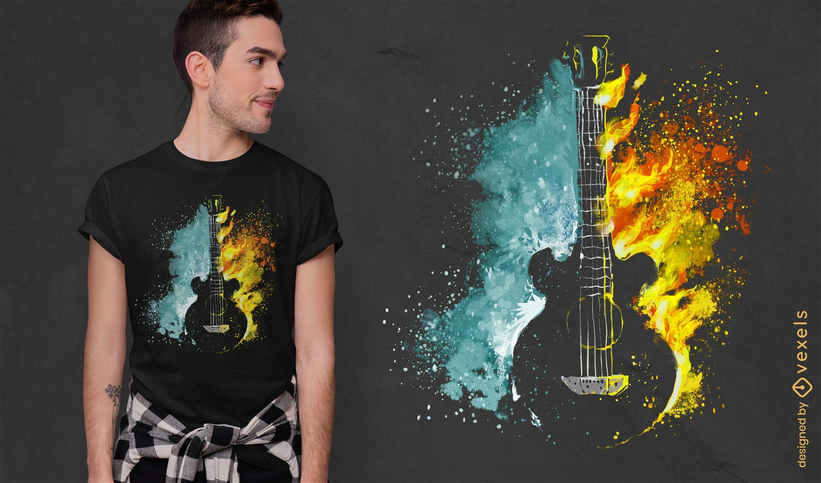 Design de camiseta de guitarra de fogo e ?gua