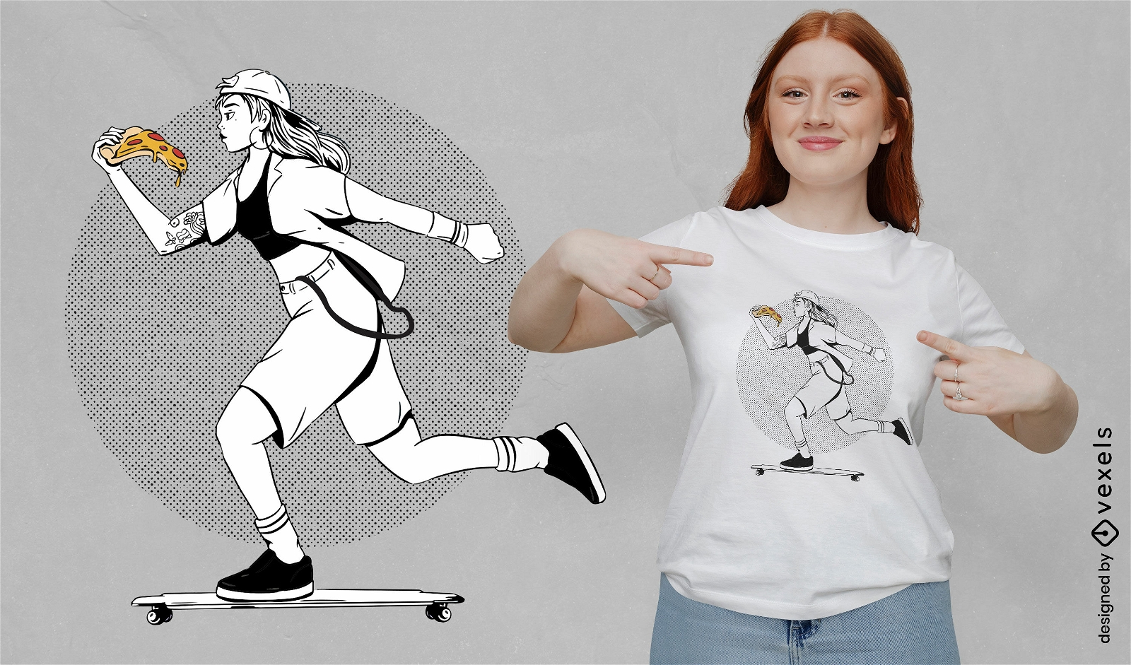 Woman skateboarding with pizza t-shirt design
