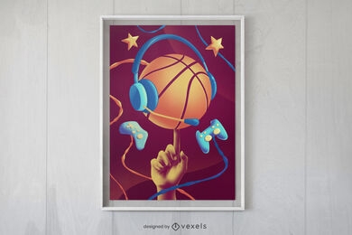 Design de cartaz de basquete e joysticks