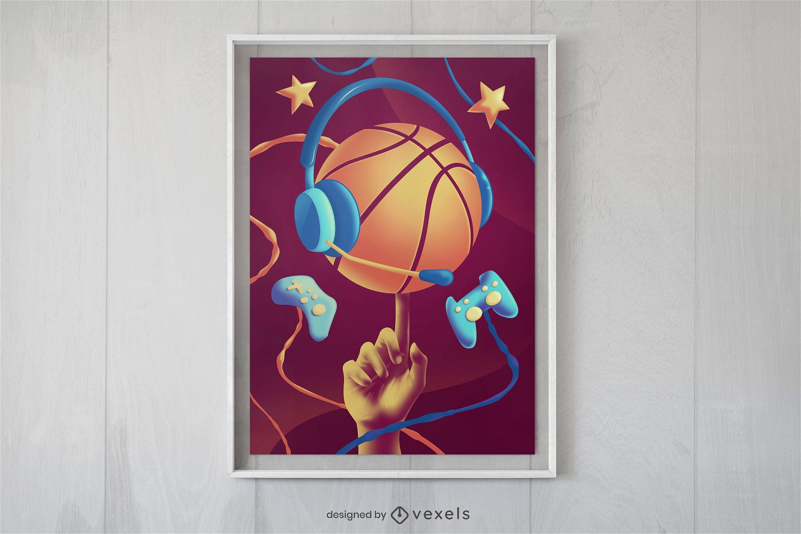 Diseño de carteles de baloncesto y joysticks.