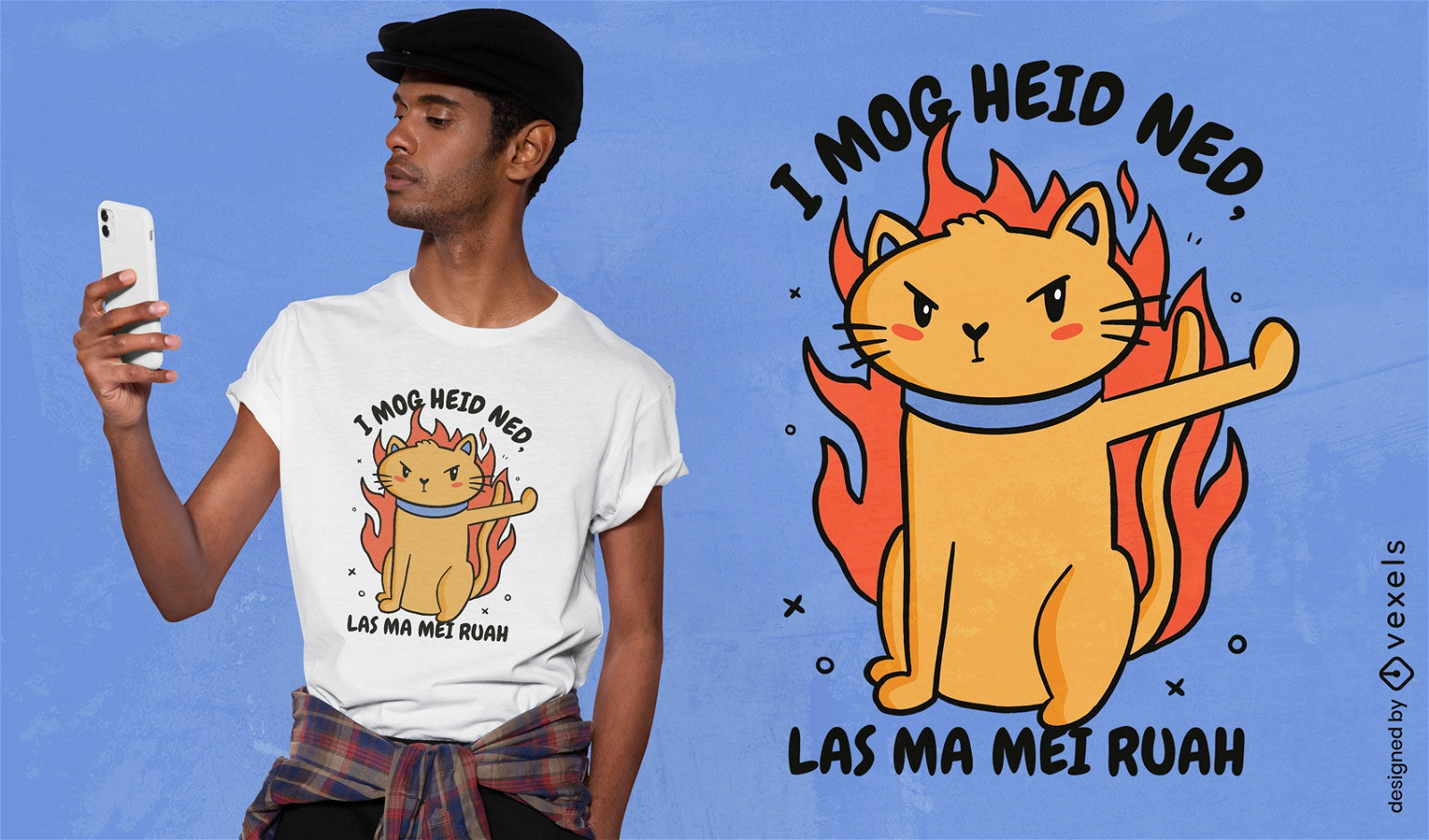 Design de camiseta de desenho animado de gato bravo em chamas