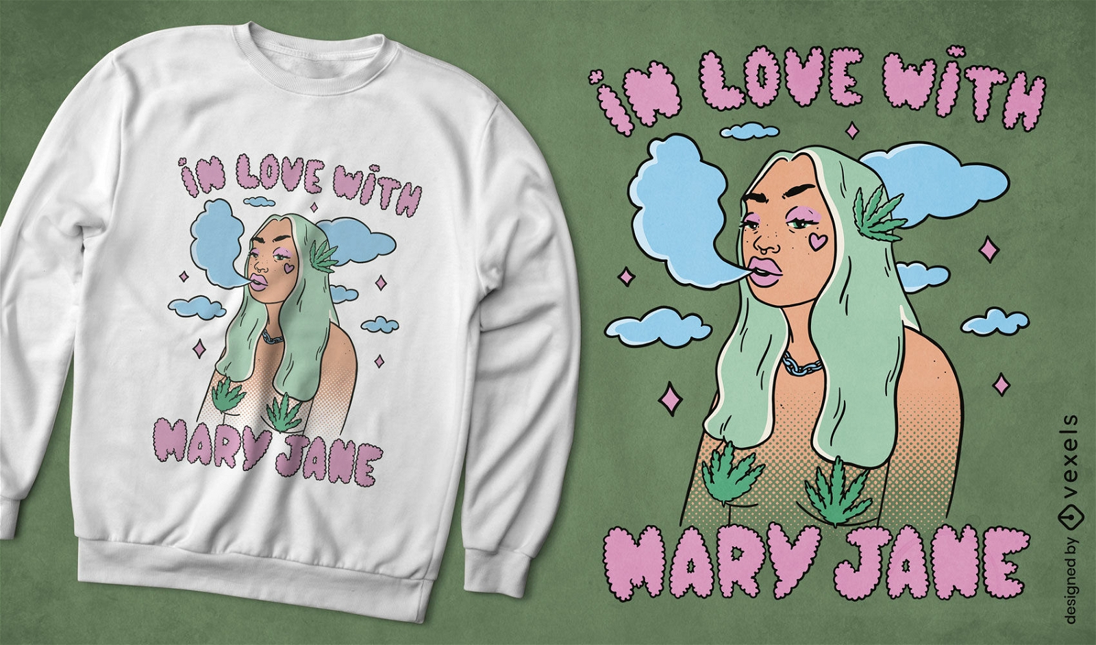 Hippie-Frau, die Unkraut raucht, T-Shirt-Design
