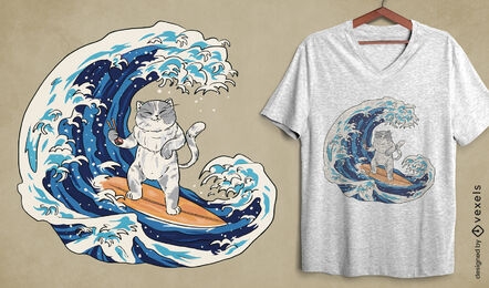Design de camiseta de gato de surf de onda japonesa