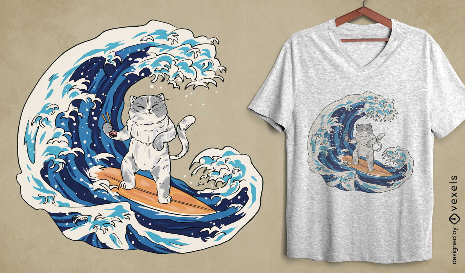 Diseño de camiseta de gato surfista de olas japonesas.