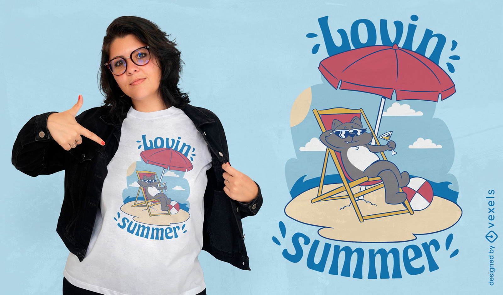 Diseño de camiseta de gato de verano en la playa.