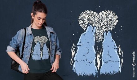 Design de camiseta de coração de lobos uivantes