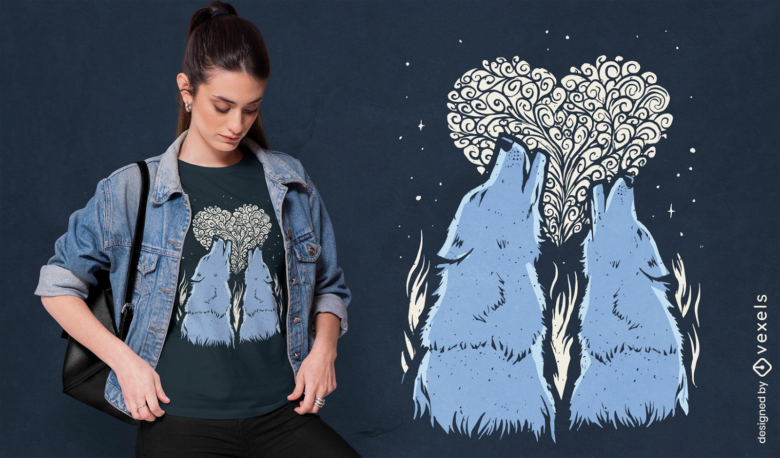Design de camiseta de coração de lobos uivantes