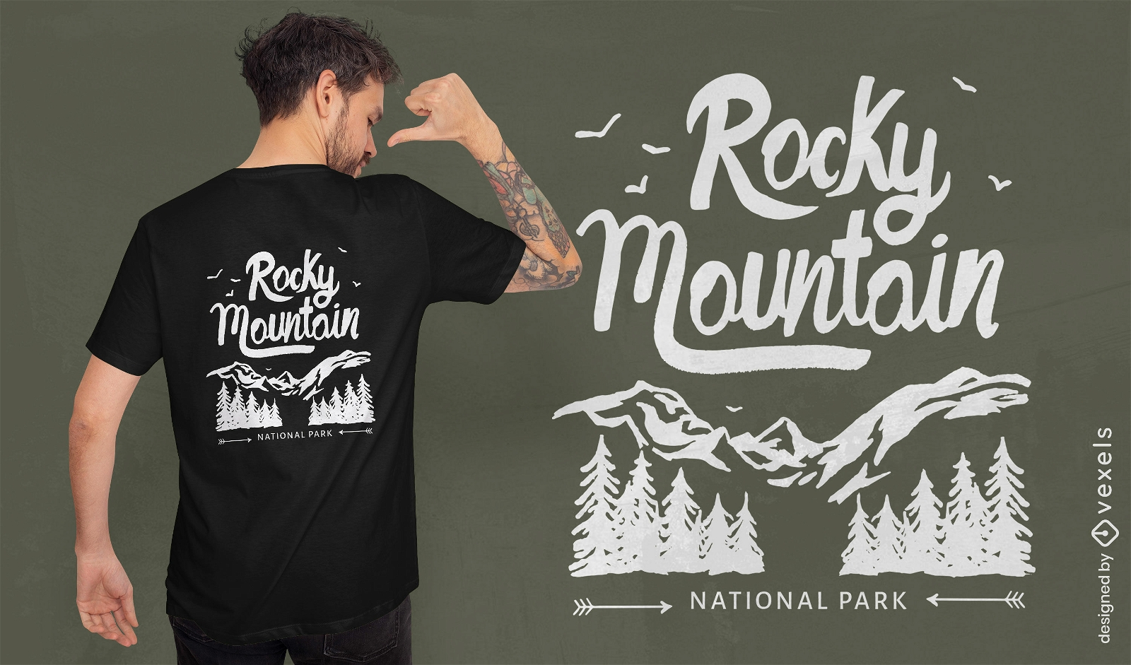 Design de camiseta de montanhas e pinheiros