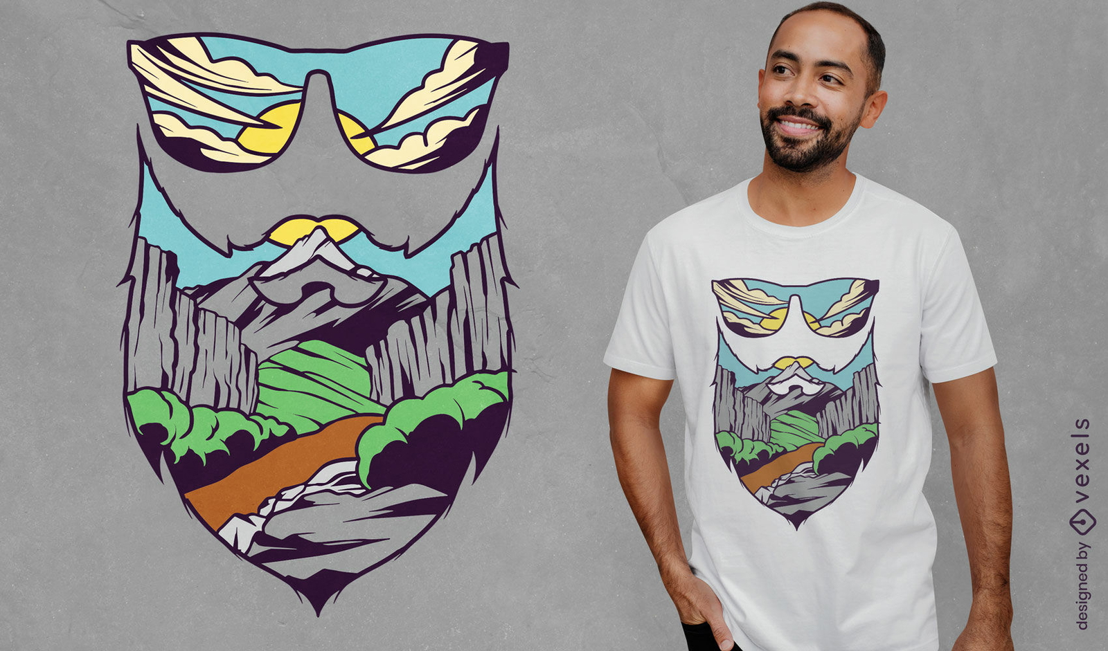 Diseño de camiseta de silueta de barba y gafas de sol.