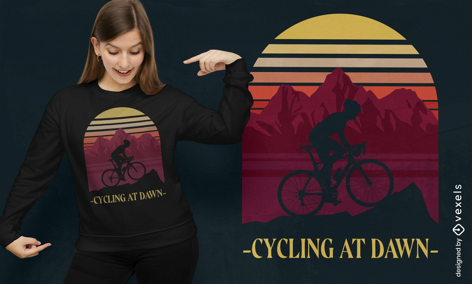 Pessoa andando de bicicleta design de camiseta retrô do pôr do sol