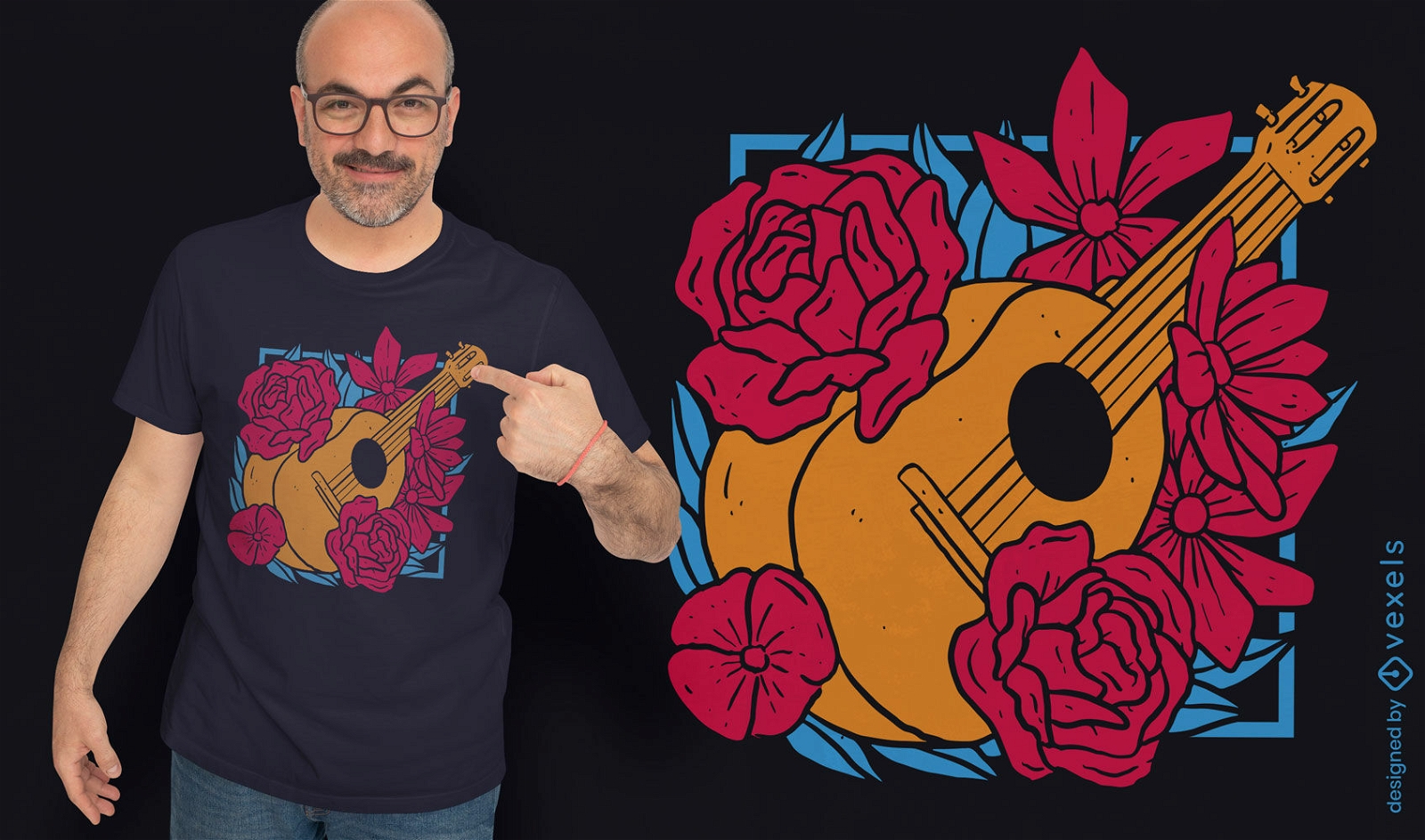 Diseño de camiseta de guitarra de flores.