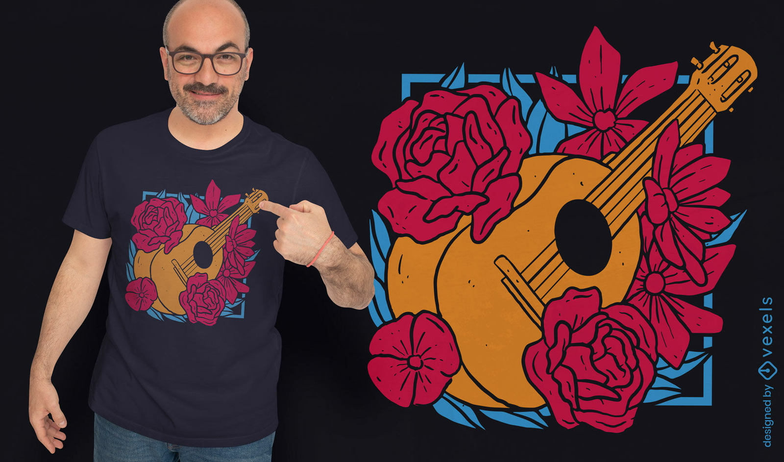 Diseño de camiseta de guitarra de flores.