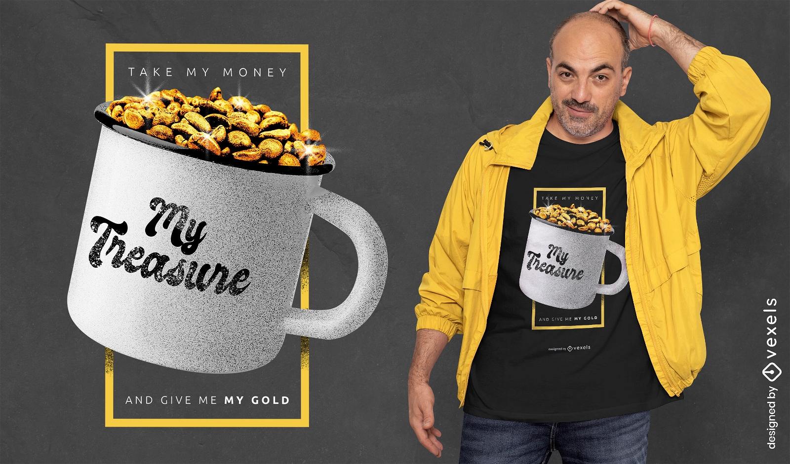 Granos de café dorados en diseño de camiseta de taza