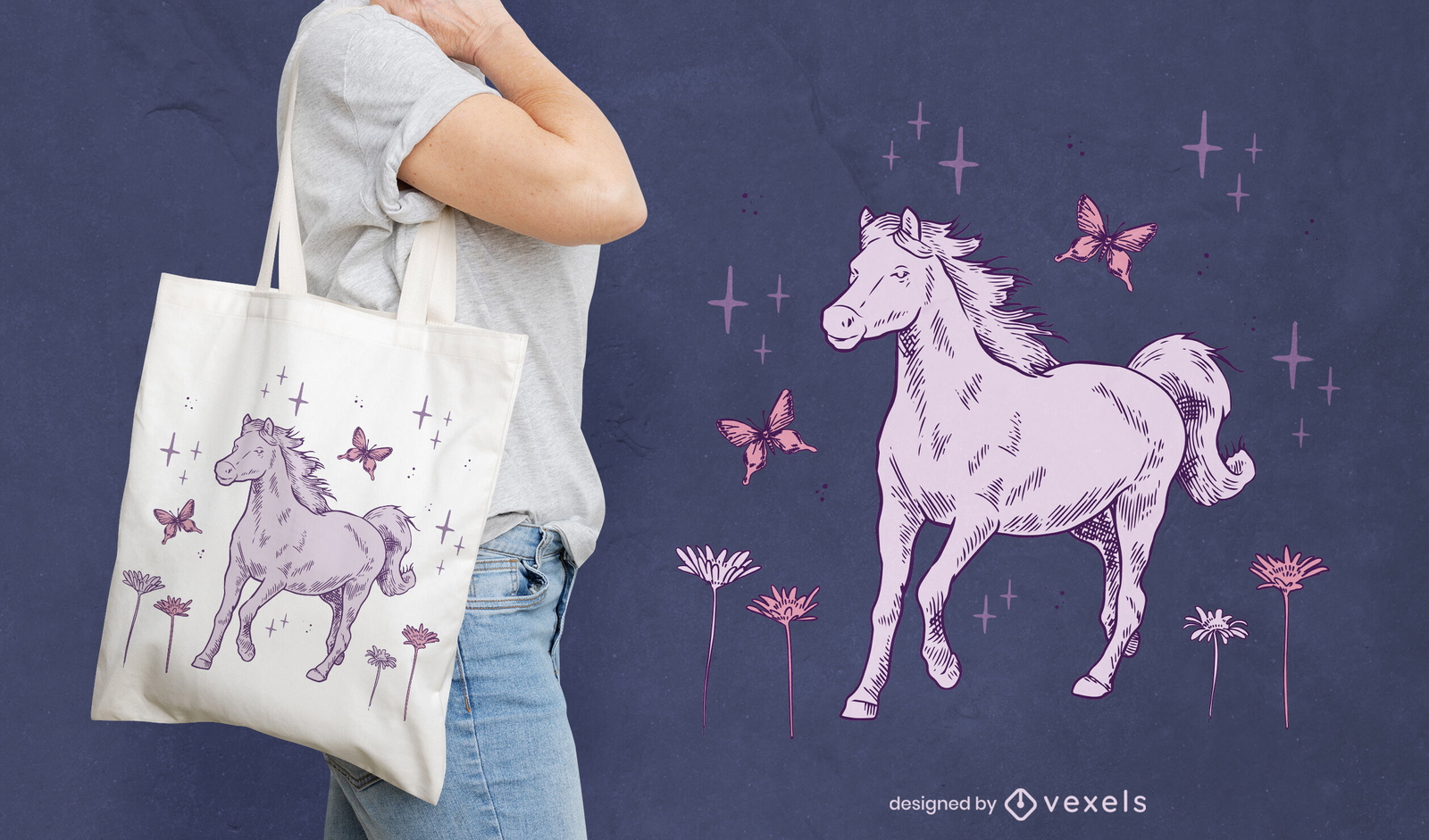 Diseño de tote bag caballo y mariposas