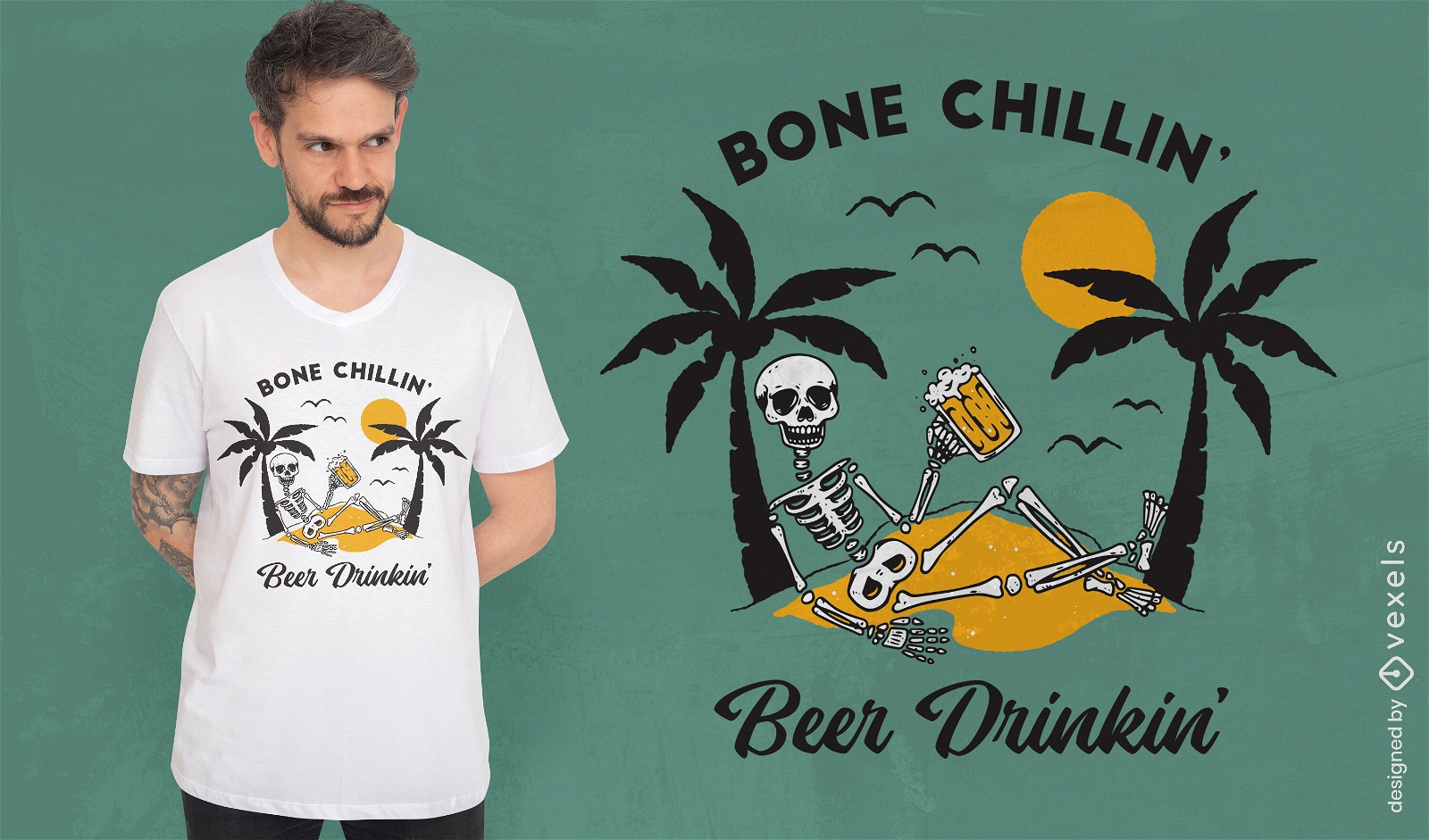 Skeleton drinking beer on beach t-shirt design
