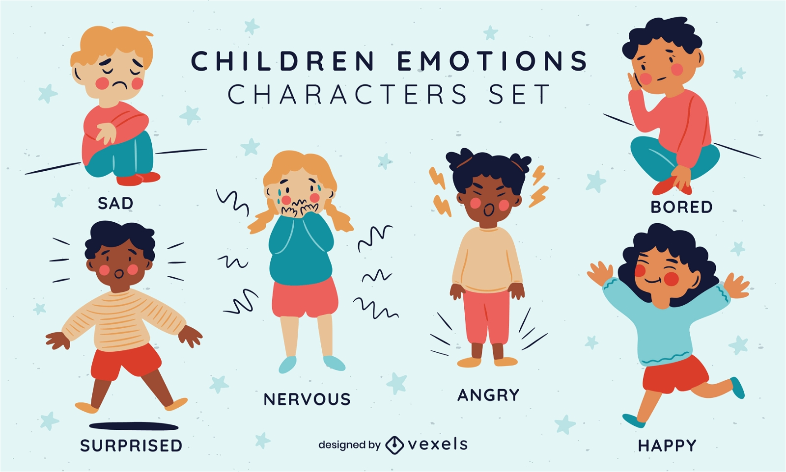 Conjunto de caracteres de niños con emociones