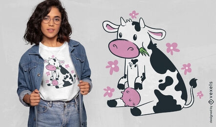 Niedliche Kuh, die Gras-T-Shirt-Design isst