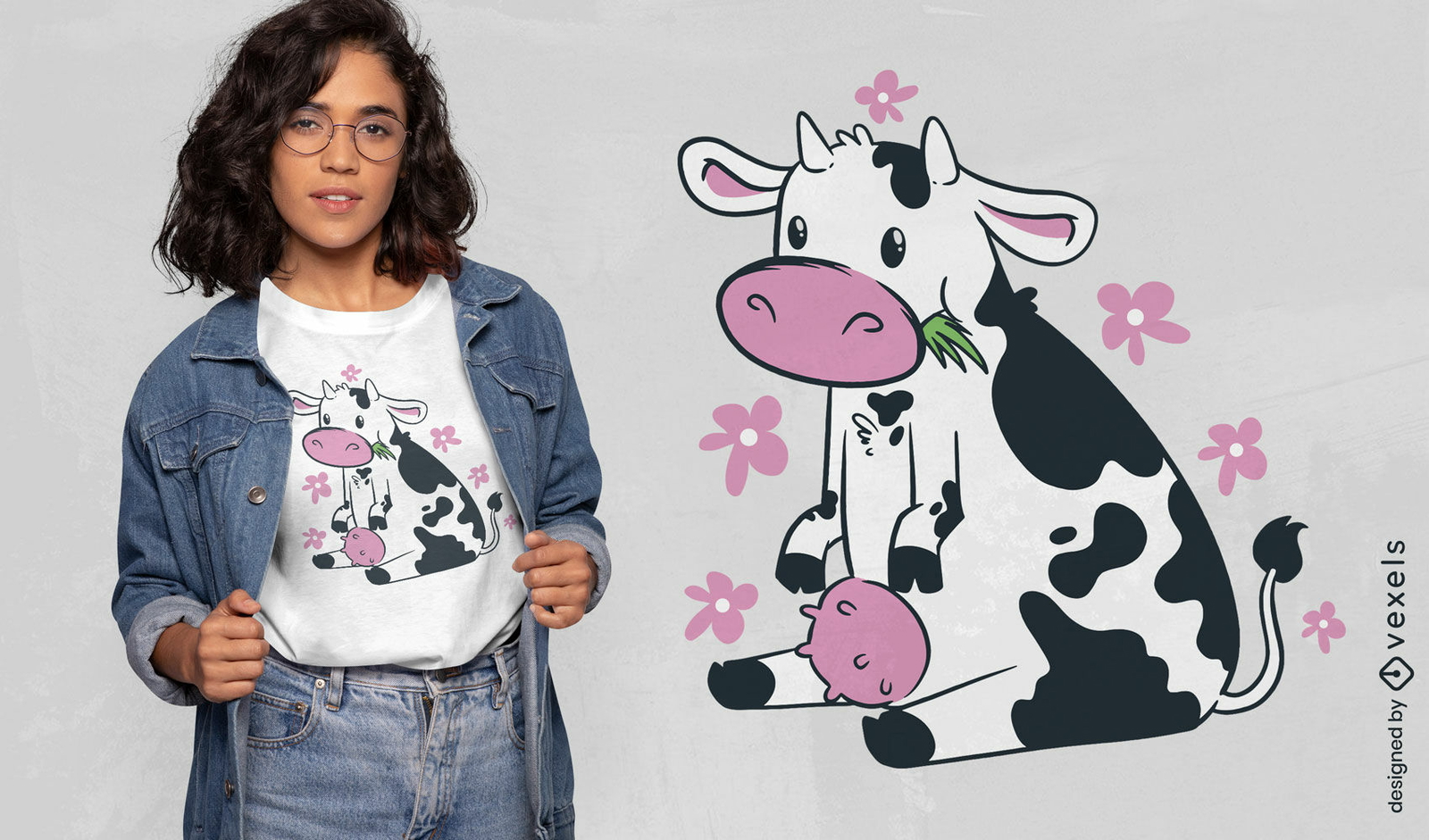 Lindo diseño de camiseta de vaca comiendo hierba.