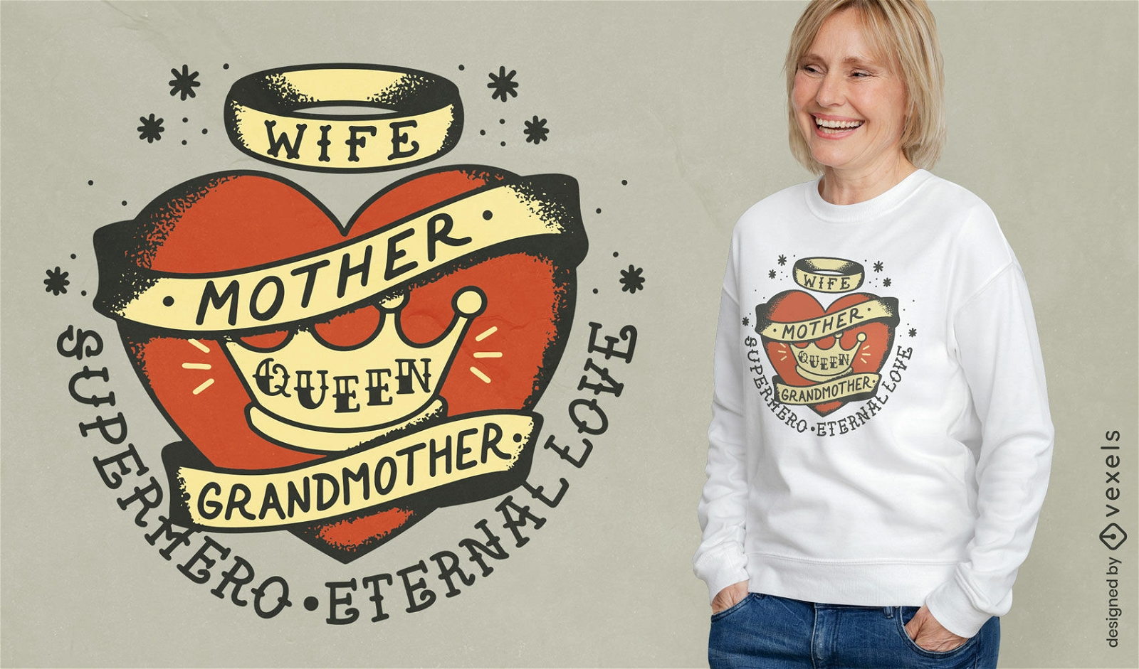 Diseño de camiseta de abuela reina corazón.