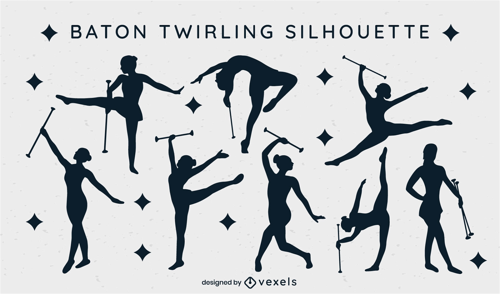 Women twirling batons sport silhouette set