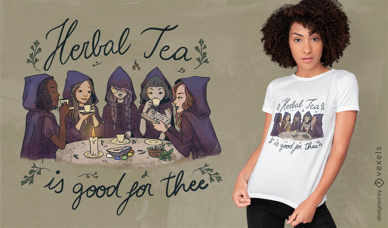 Design de camiseta de bruxas bebendo ch?