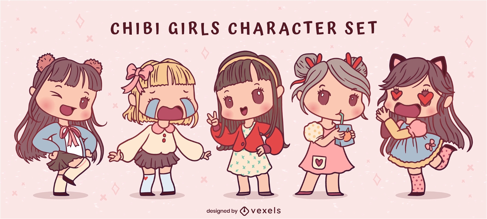 Anime chibi girls cute character set