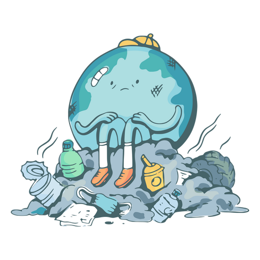 Personagem de desenho animado do planeta Terra das mudanças climáticas de lixo