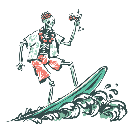 Divertido esqueleto de playa surfeando Diseño PNG