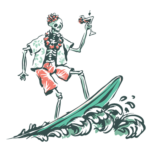 Esqueleto de praia engraçado surfando Desenho PNG