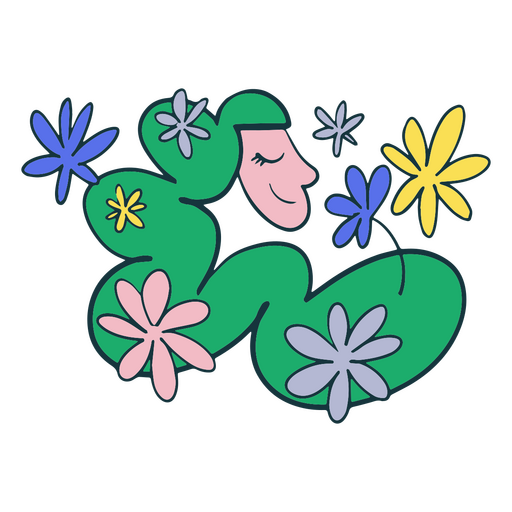 Cartoon of a woman with flowers in her hair PNG Design