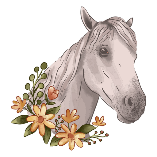 White horse with flowers around its head PNG Design