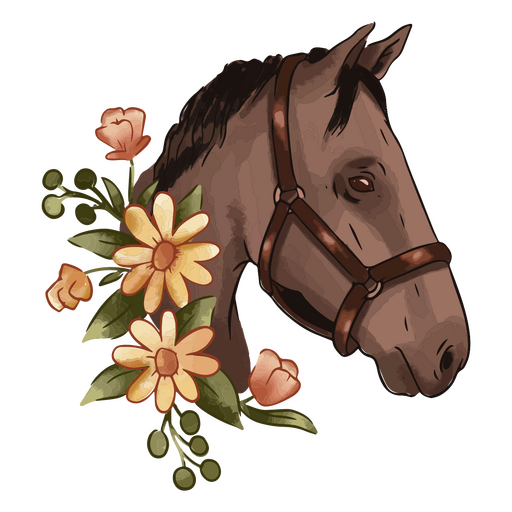 Braunes Pferd mit Blumen und Zaumzeug PNG-Design