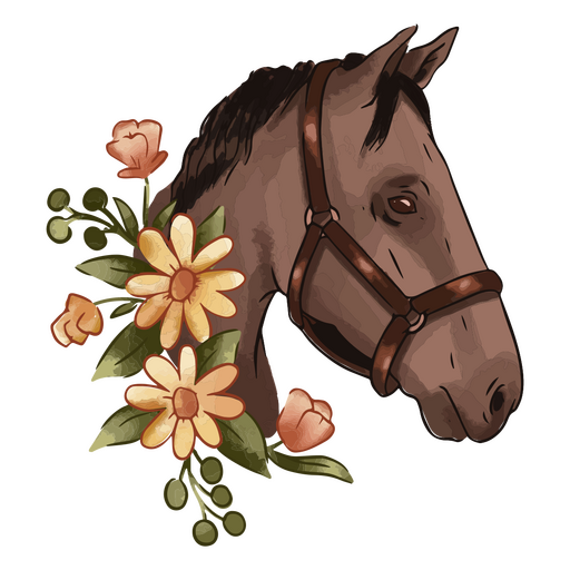 Caballo marrón con flores y brida Diseño PNG