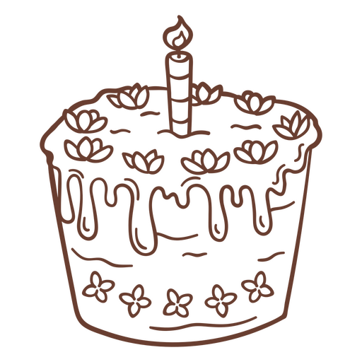 Dibujo de un pastel de cumpleaños con una vela. Diseño PNG