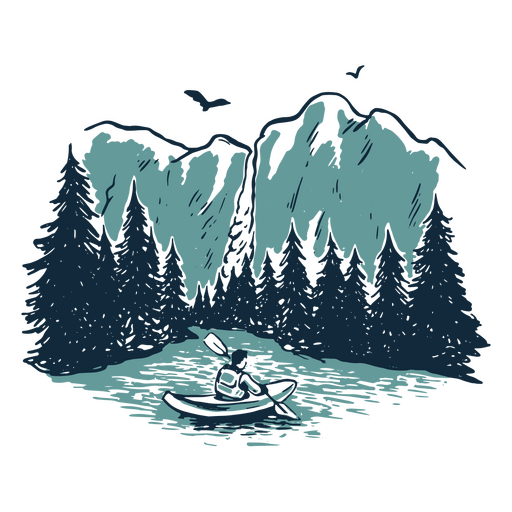 Homem em uma canoa em um lago com montanhas ao fundo Desenho PNG