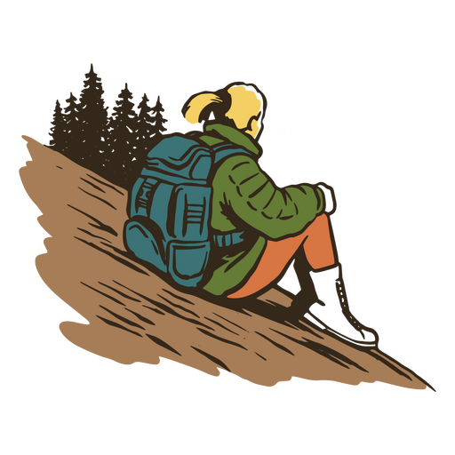 Frau mit Rucksack sitzt auf einem Hügel PNG-Design