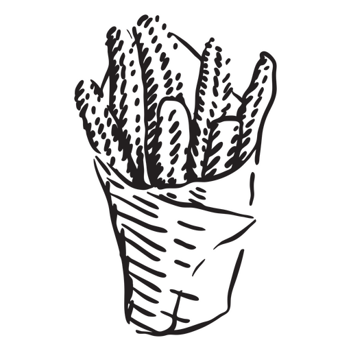 Black and white drawing of french fries in a basket PNG Design