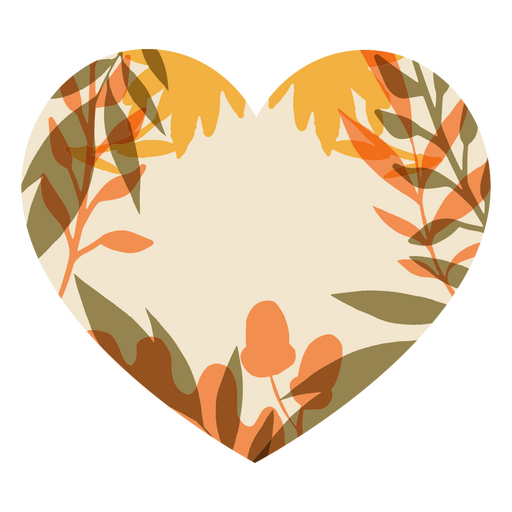 Etiqueta en forma de corazón con hojas y flores. Diseño PNG