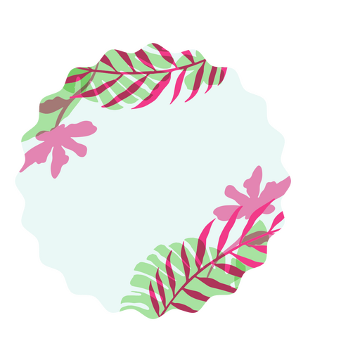 Etiqueta redonda con hojas rosas y verdes. Diseño PNG