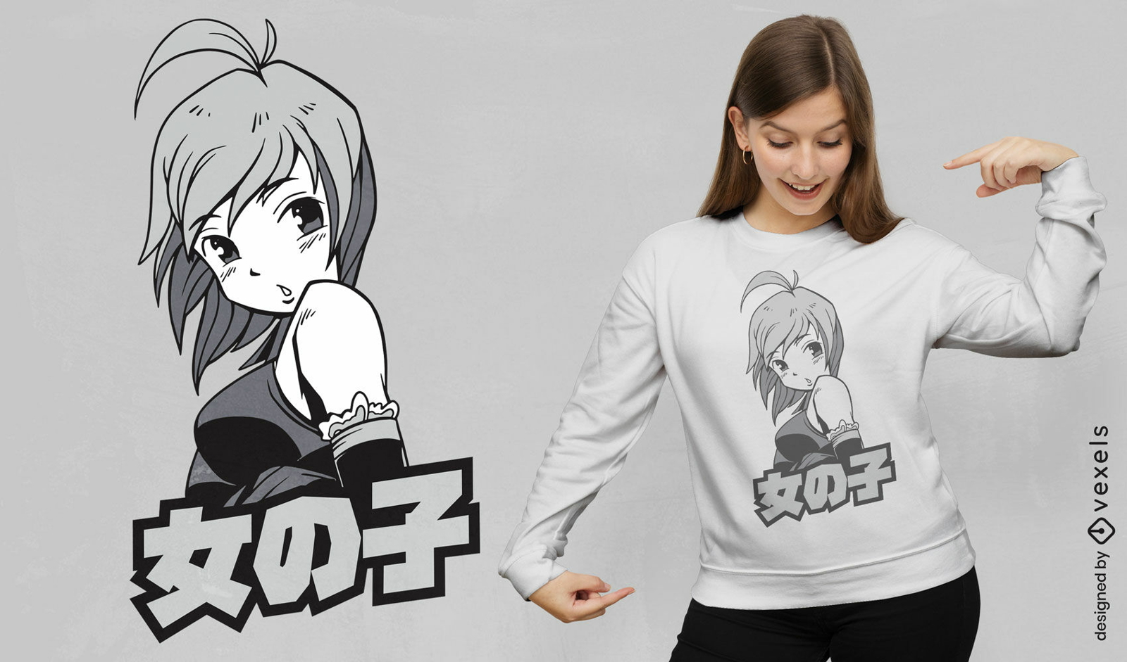Chica anime con diseño de camiseta de pelo corto.
