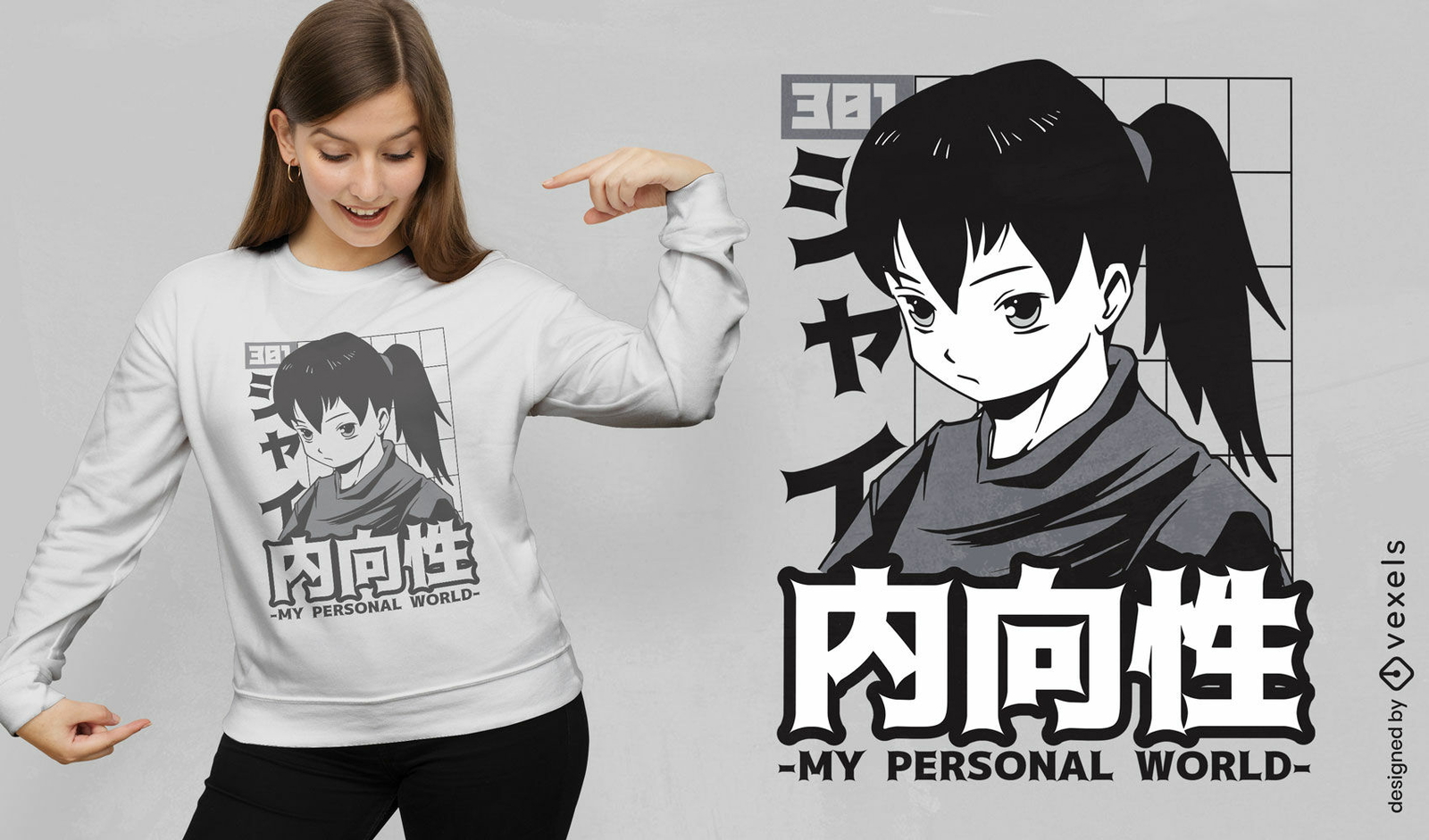 Schüchternes Anime-Mädchen mit Pferdeschwanz-T-Shirt