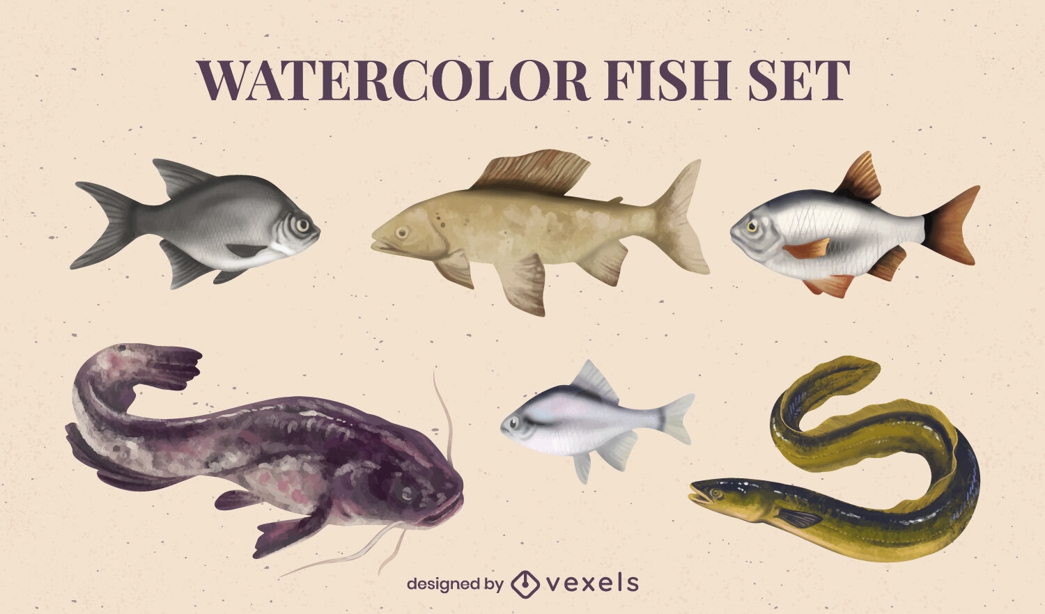 Watercolor fish sea animals swimming set