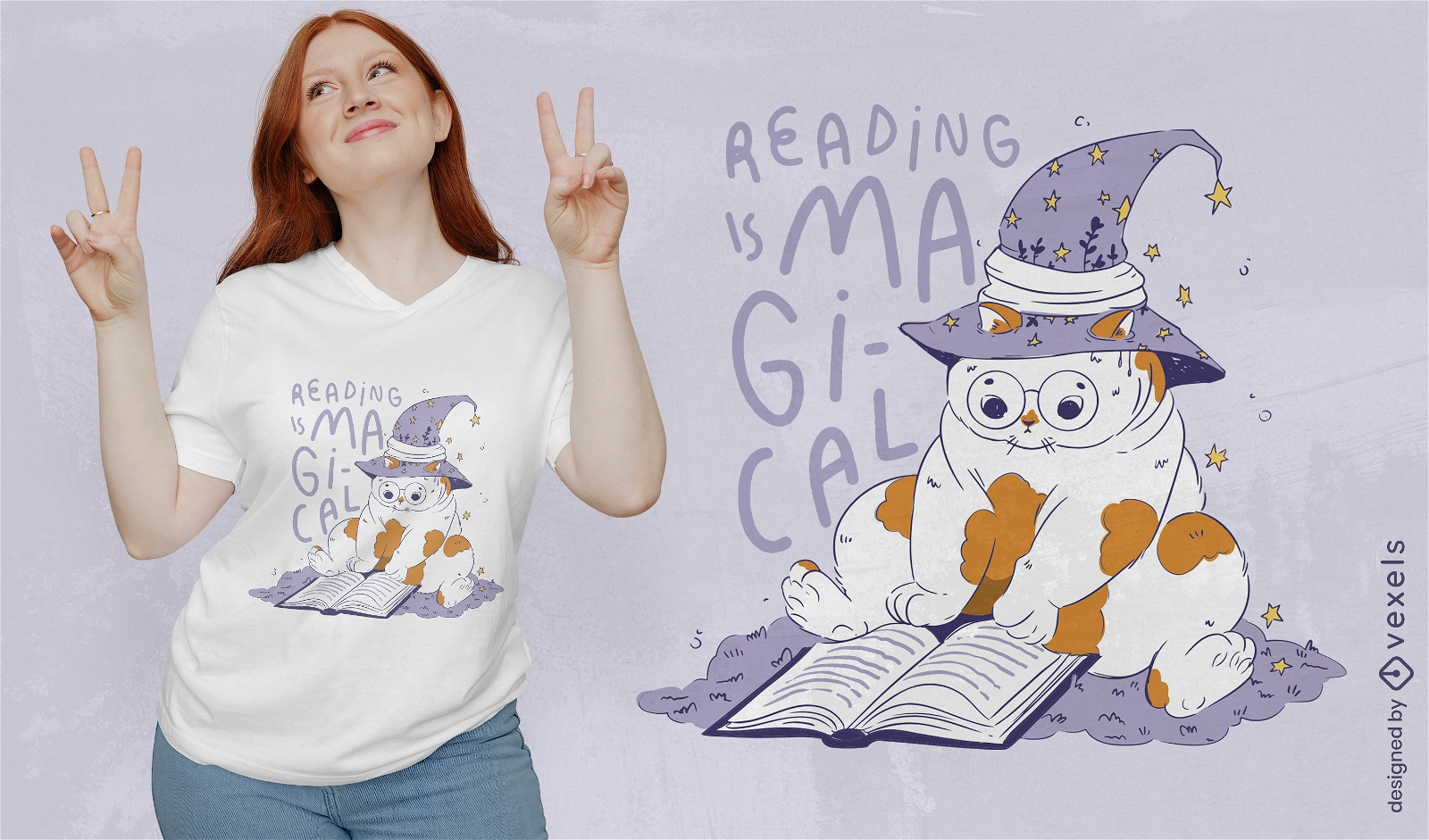 Gato lendo design de camiseta de livro mágico
