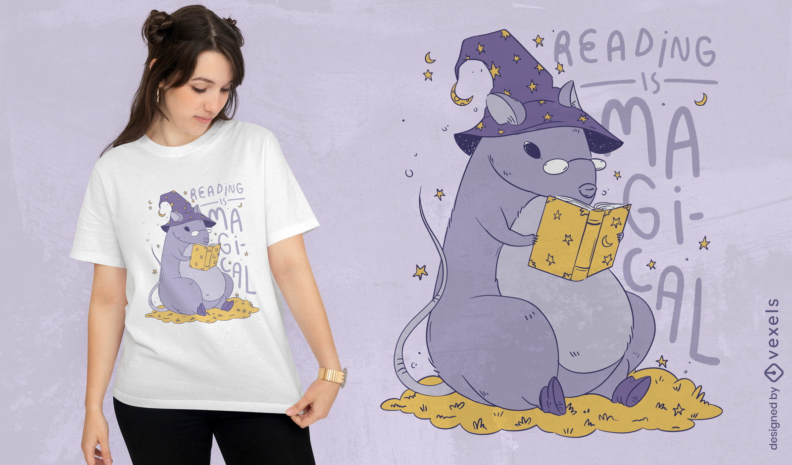 Diseño de camiseta de libro mágico de lectura de rata