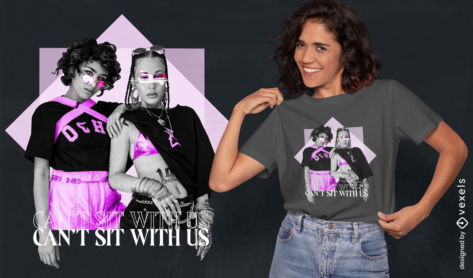 Modelos de chicas punk con diseño de camiseta morada.