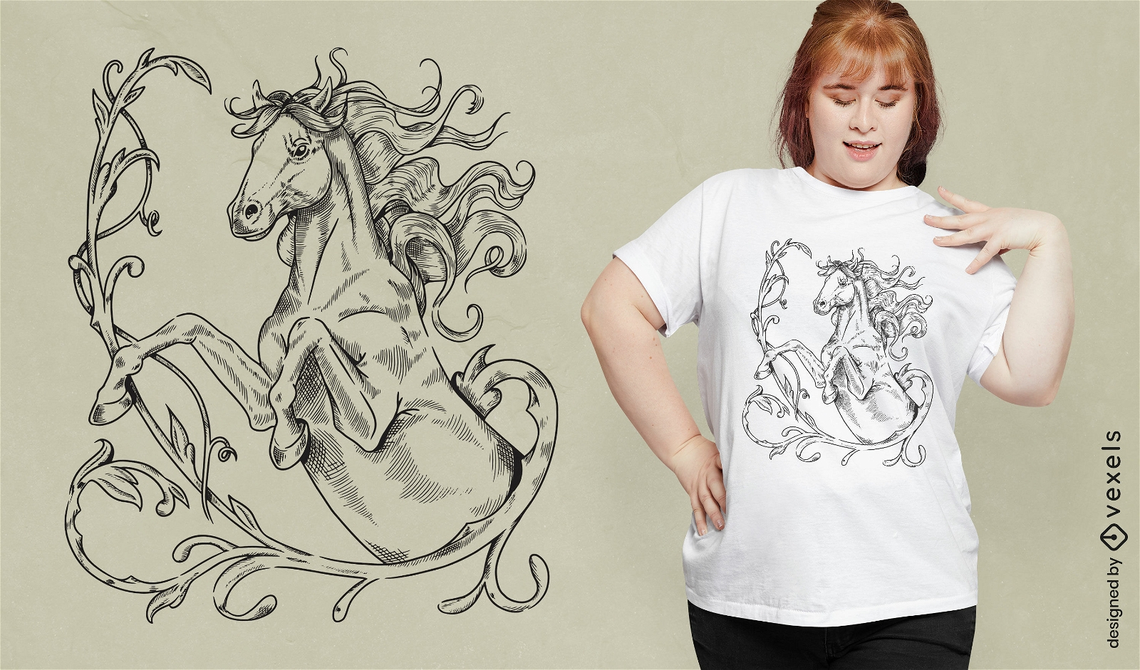 Design de camiseta desenhada à mão de animal de cavalo