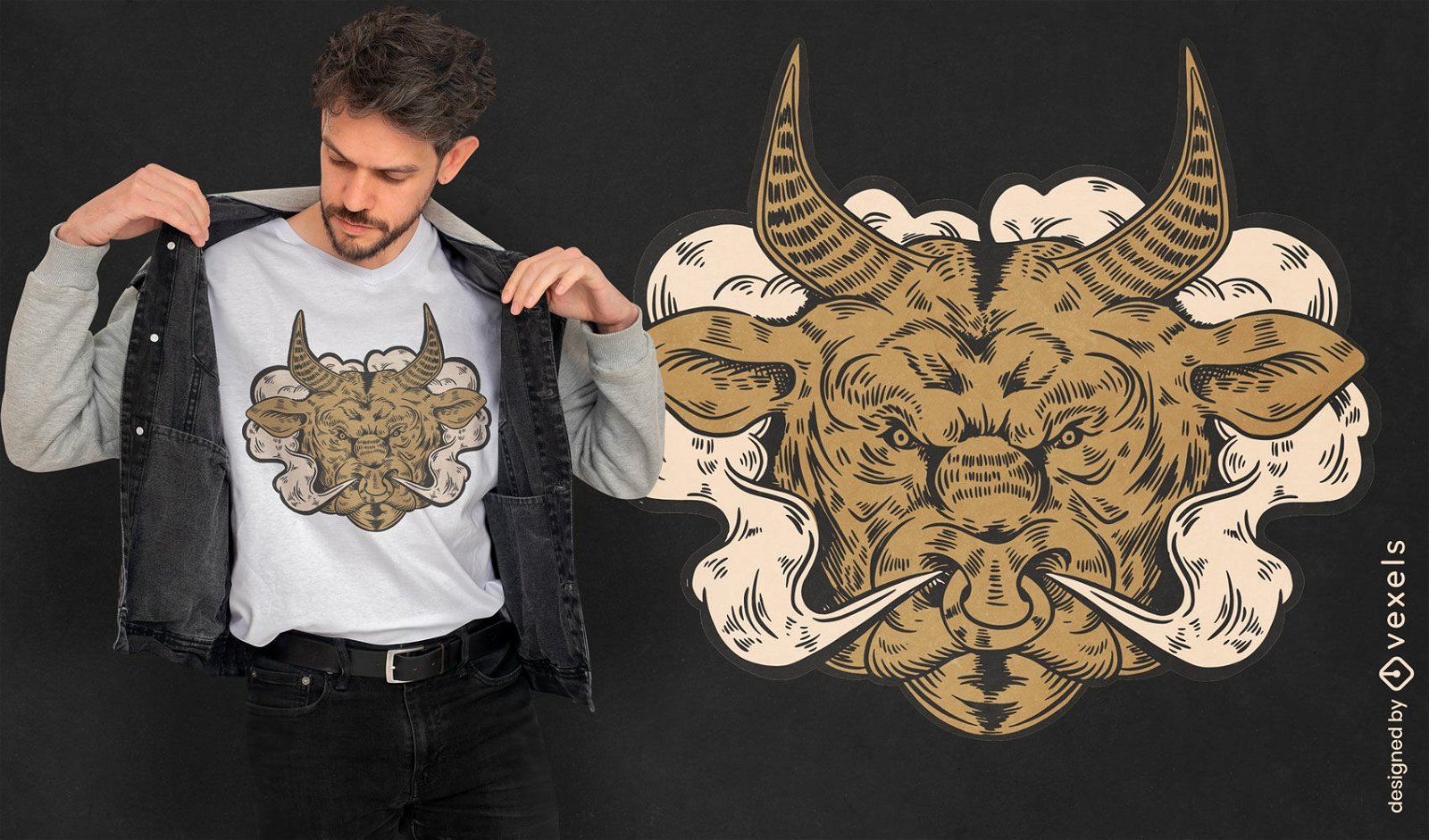 Diseño de camiseta con ilustración de cabeza de animal de toro