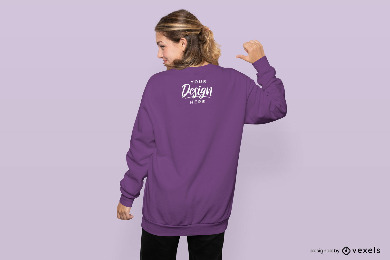 Woman pointing sweatshirt's back mockup